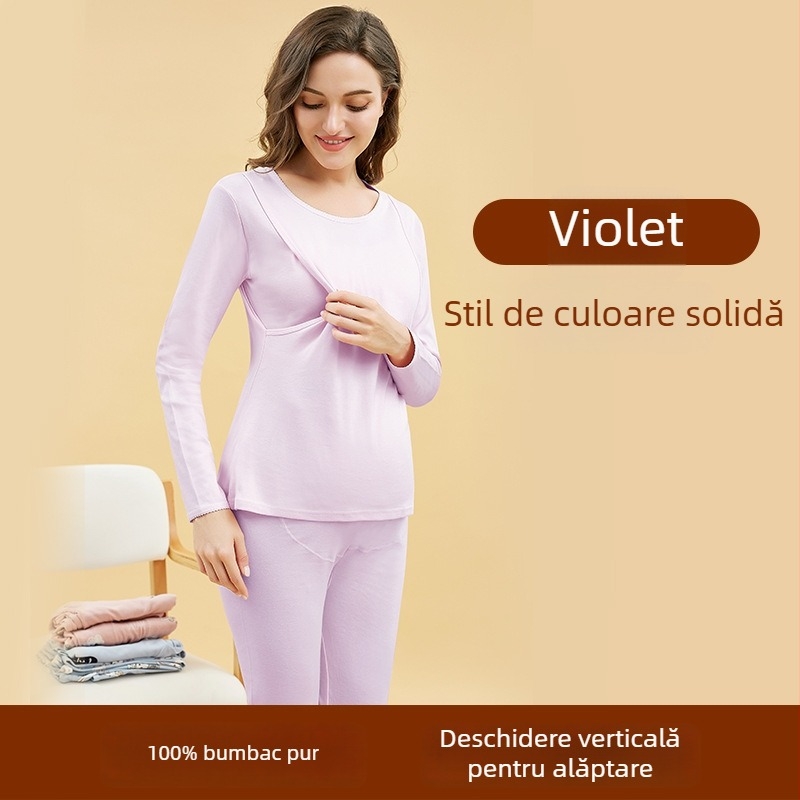 Set vestimentar postnatal pentru alăptare — 100% bumbac, top cu mânecă lungă + pantaloni lungi, culoare solidă, deschidere pentru alăptare