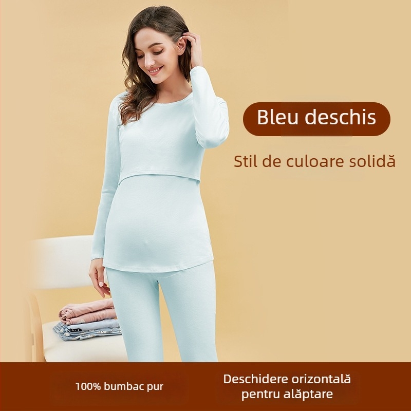 Set vestimentar postnatal pentru alăptare — 100% bumbac, top cu mânecă lungă + pantaloni lungi, culoare solidă, deschidere pentru alăptare