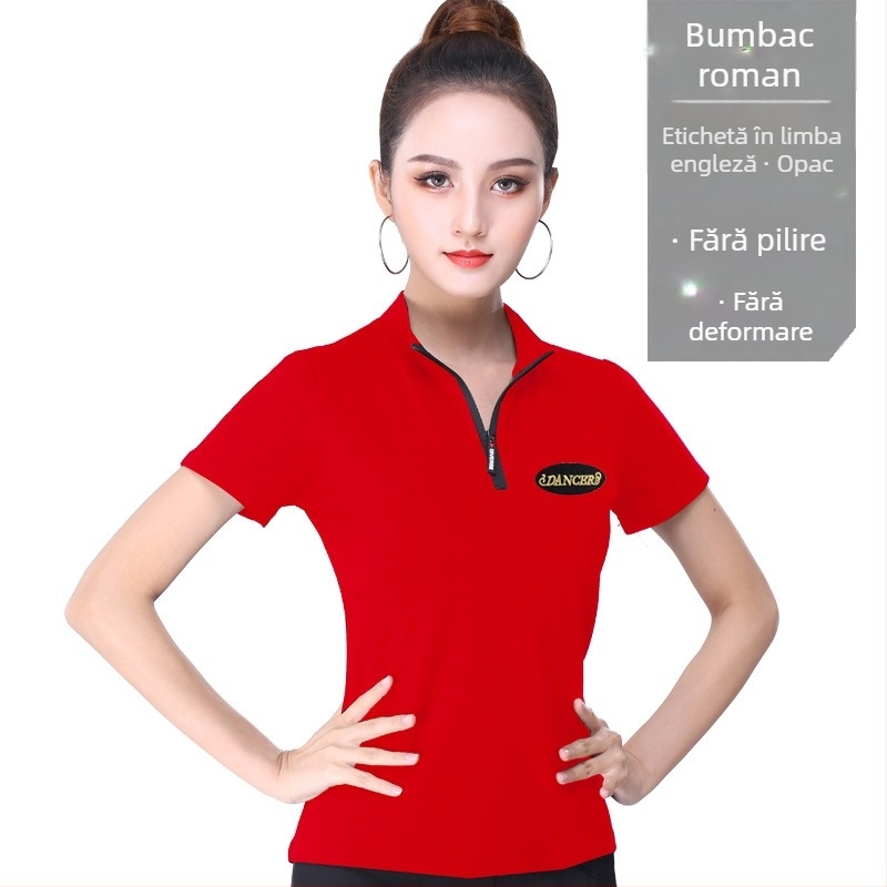Costum modern de dans: top cu decolteu în V, mânecă scurtă, din amestec bumbac, căptușeală modal 90%, potrivit pentru dansuri latino și standard național