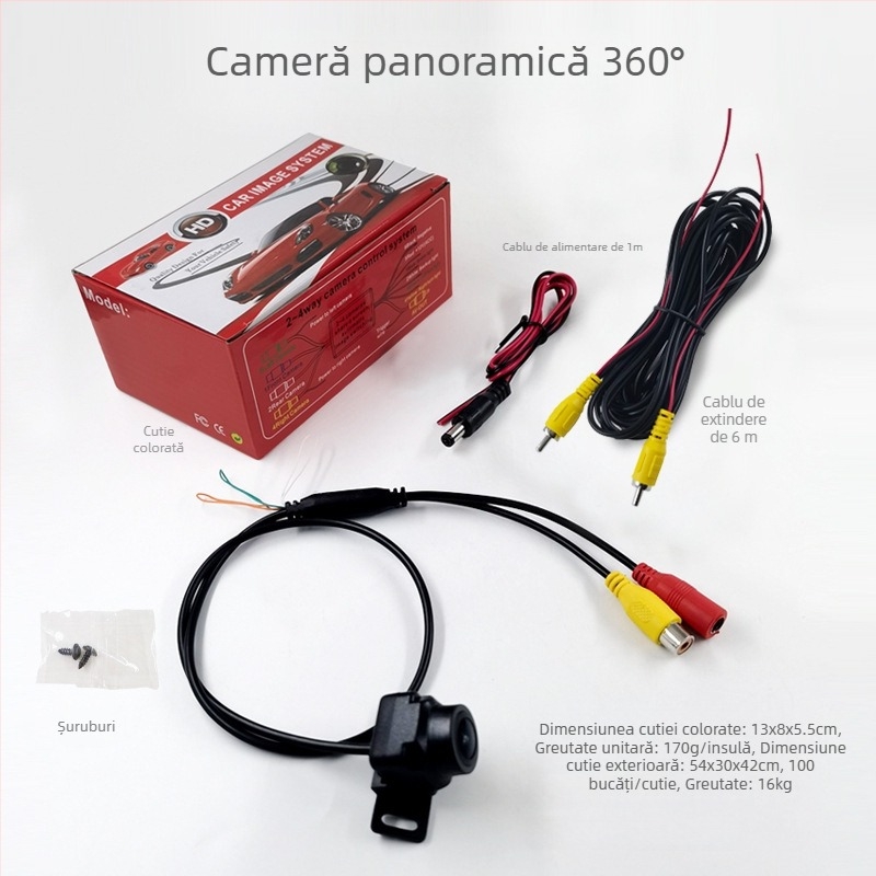 Camera pentru mers înapoi a autoturismului cu unghi fisheye ultralarg, 12V, IP68 impermeabilă, unghi reglabil