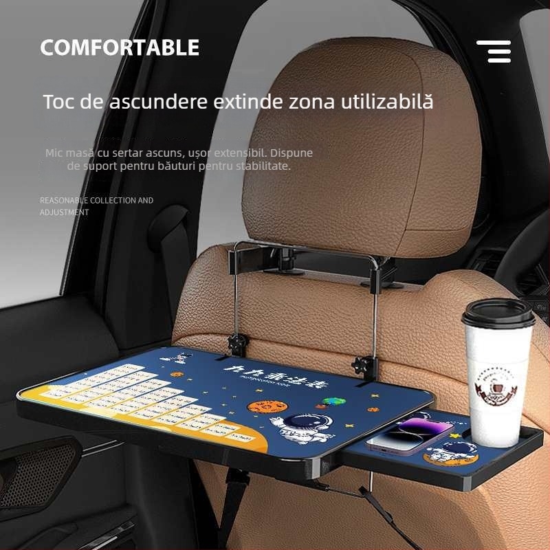Masă auto din lemn, mică, pliabilă pentru pasagerul din față; birou pentru spatele scaunului, pentru masă și teme; suport pentru spătar, universal