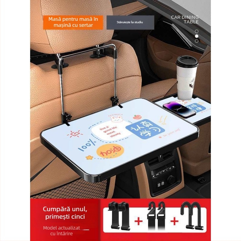Masă auto din lemn, mică, pliabilă pentru pasagerul din față; birou pentru spatele scaunului, pentru masă și teme; suport pentru spătar, universal