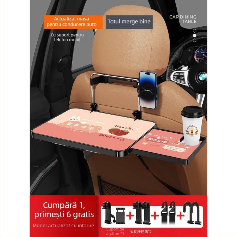 Masă auto din lemn, mică, pliabilă pentru pasagerul din față; birou pentru spatele scaunului, pentru masă și teme; suport pentru spătar, universal