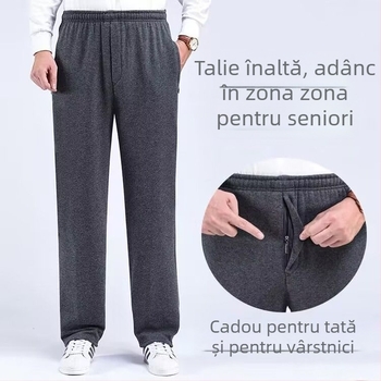 Pantaloni sport bărbați, croială dreaptă, poliester, căptușiți cu fleece, pentru toamnă-iarnă, talie înaltă, pentru persoane în vârstă, confort pentru timpul liber