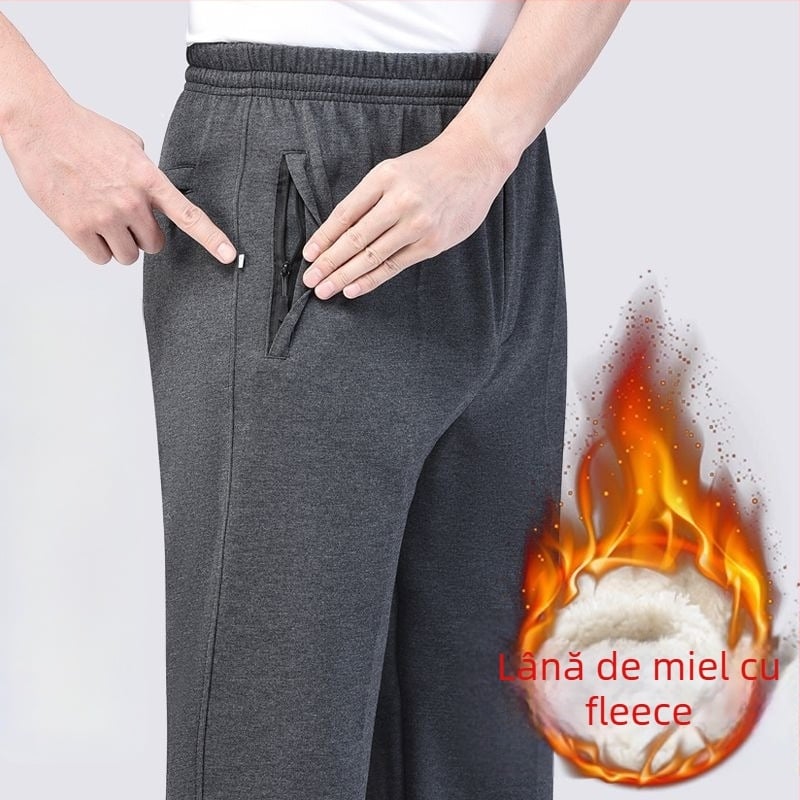 Pantaloni sport bărbați, croială dreaptă, poliester, căptușiți cu fleece, pentru toamnă-iarnă, talie înaltă, pentru persoane în vârstă, confort pentru timpul liber