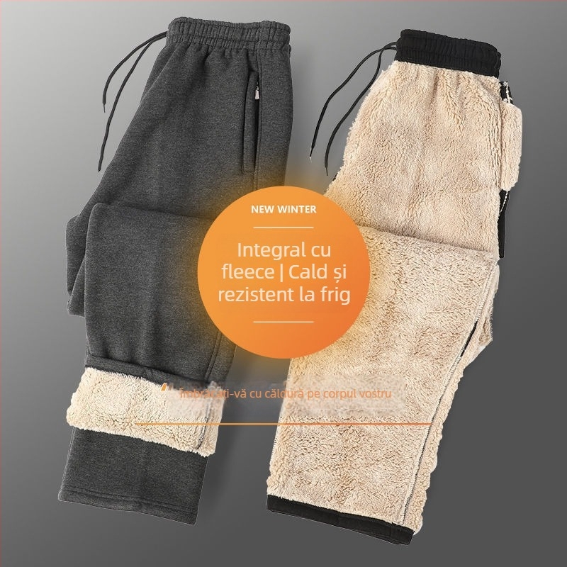 Pantaloni sport bărbați, croială dreaptă, poliester, căptușiți cu fleece, pentru toamnă-iarnă, talie înaltă, pentru persoane în vârstă, confort pentru timpul liber