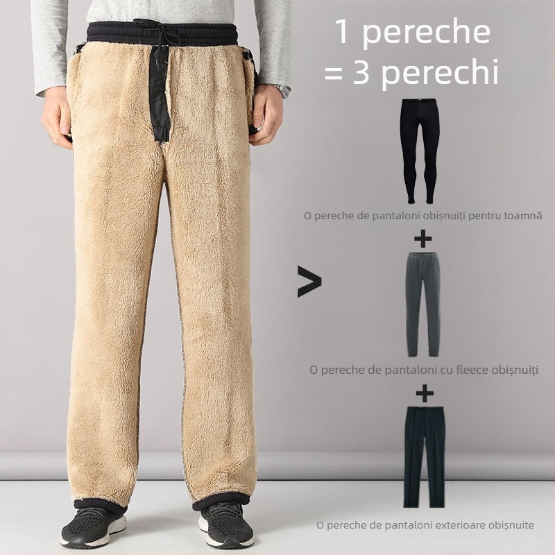Pantaloni sport bărbați, croială dreaptă, poliester, căptușiți cu fleece, pentru toamnă-iarnă, talie înaltă, pentru persoane în vârstă, confort pentru timpul liber