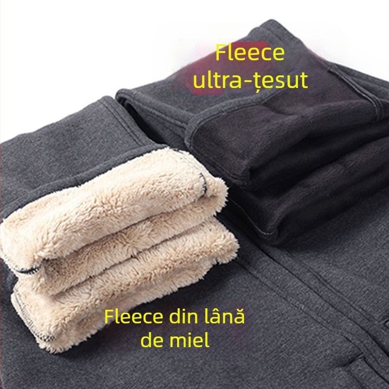 Pantaloni sport bărbați, croială dreaptă, poliester, căptușiți cu fleece, pentru toamnă-iarnă, talie înaltă, pentru persoane în vârstă, confort pentru timpul liber