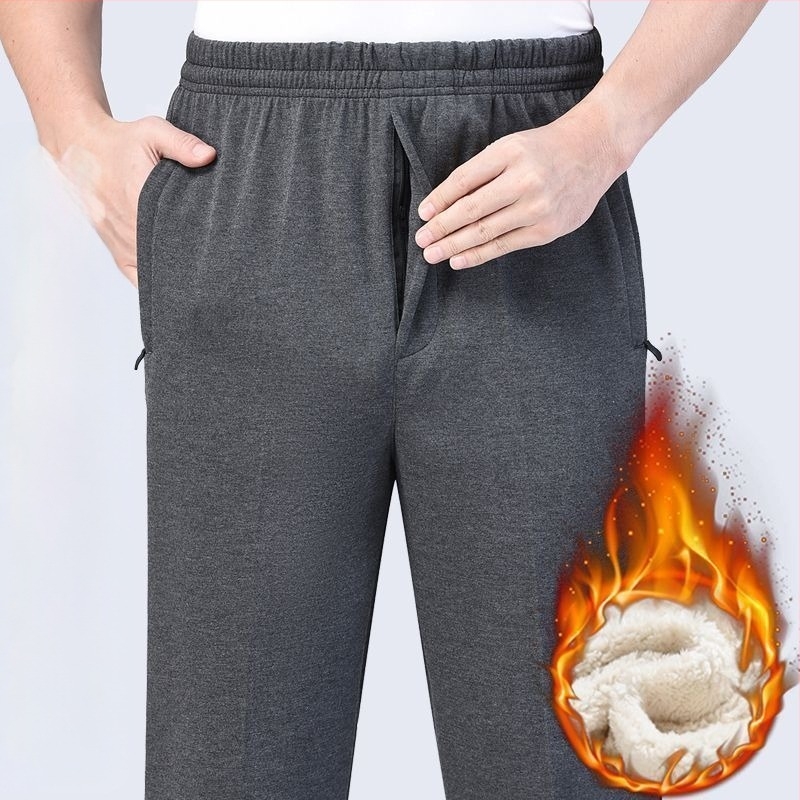 Pantaloni sport bărbați, croială dreaptă, poliester, căptușiți cu fleece, pentru toamnă-iarnă, talie înaltă, pentru persoane în vârstă, confort pentru timpul liber