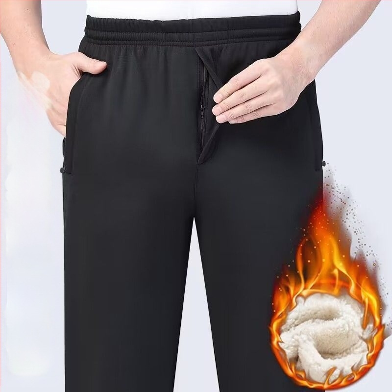 Pantaloni sport bărbați, croială dreaptă, poliester, căptușiți cu fleece, pentru toamnă-iarnă, talie înaltă, pentru persoane în vârstă, confort pentru timpul liber