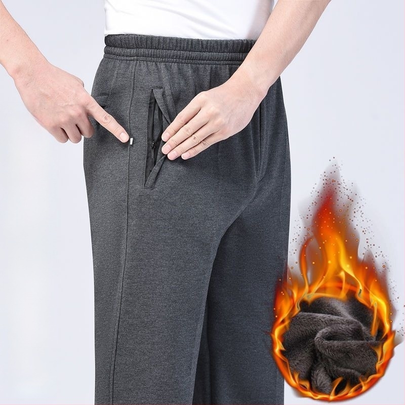 Pantaloni sport bărbați, croială dreaptă, poliester, căptușiți cu fleece, pentru toamnă-iarnă, talie înaltă, pentru persoane în vârstă, confort pentru timpul liber