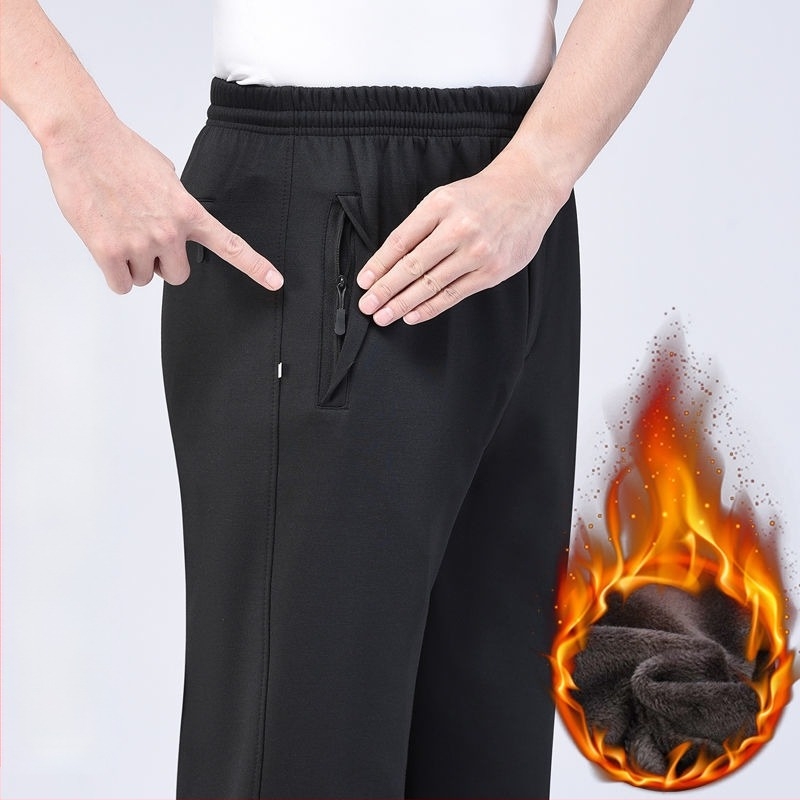 Pantaloni sport bărbați, croială dreaptă, poliester, căptușiți cu fleece, pentru toamnă-iarnă, talie înaltă, pentru persoane în vârstă, confort pentru timpul liber