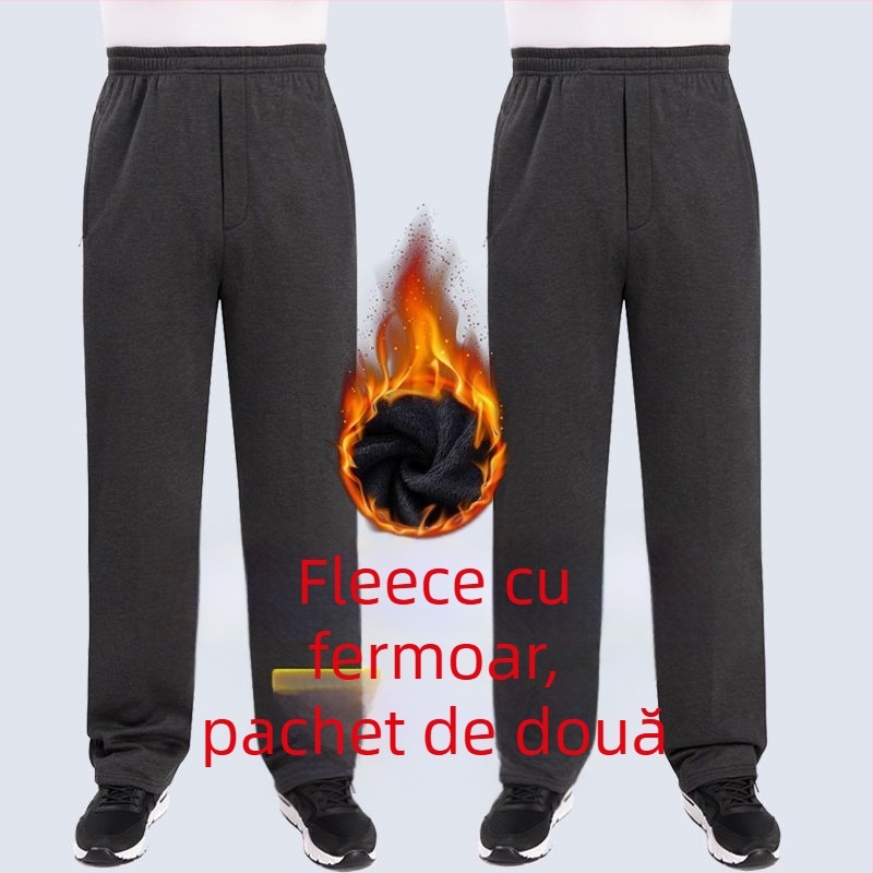 Pantaloni sport bărbați, croială dreaptă, poliester, căptușiți cu fleece, pentru toamnă-iarnă, talie înaltă, pentru persoane în vârstă, confort pentru timpul liber