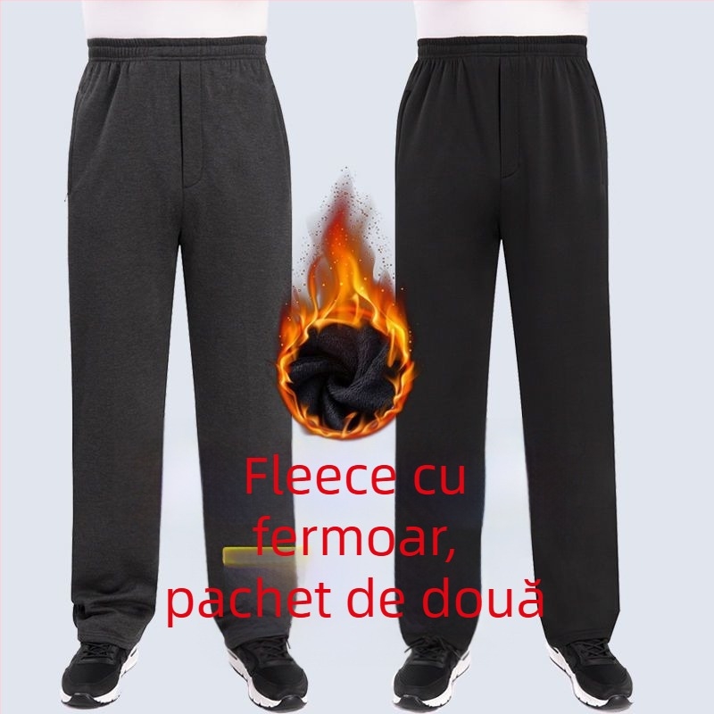 Pantaloni sport bărbați, croială dreaptă, poliester, căptușiți cu fleece, pentru toamnă-iarnă, talie înaltă, pentru persoane în vârstă, confort pentru timpul liber