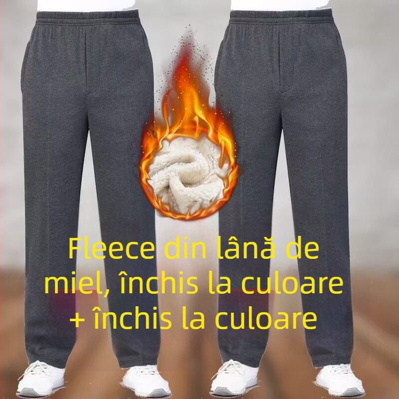 Pantaloni sport bărbați, croială dreaptă, poliester, căptușiți cu fleece, pentru toamnă-iarnă, talie înaltă, pentru persoane în vârstă, confort pentru timpul liber