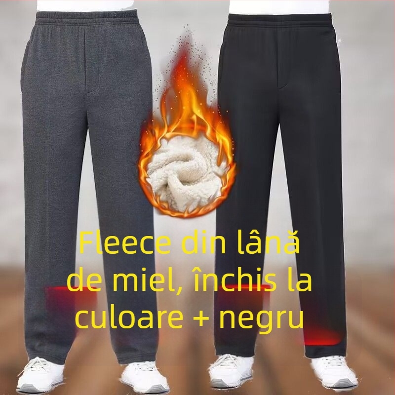 Pantaloni sport bărbați, croială dreaptă, poliester, căptușiți cu fleece, pentru toamnă-iarnă, talie înaltă, pentru persoane în vârstă, confort pentru timpul liber