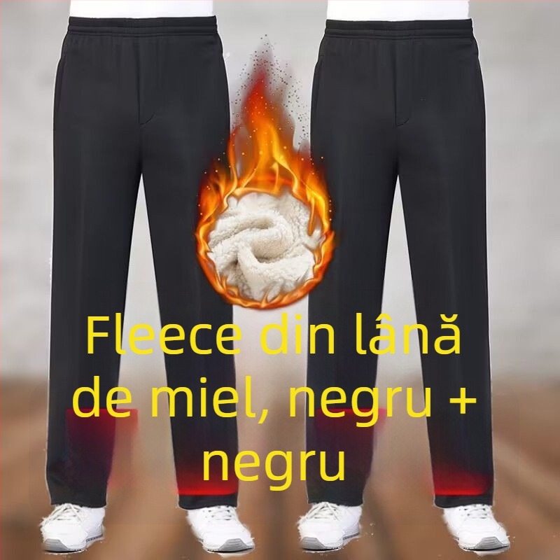 Pantaloni sport bărbați, croială dreaptă, poliester, căptușiți cu fleece, pentru toamnă-iarnă, talie înaltă, pentru persoane în vârstă, confort pentru timpul liber