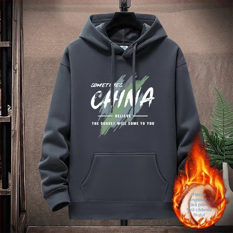 Hanorac din fleece cu căptușeală din lână, croială lejeră, imprimeu și buzunare patch tridimensionale