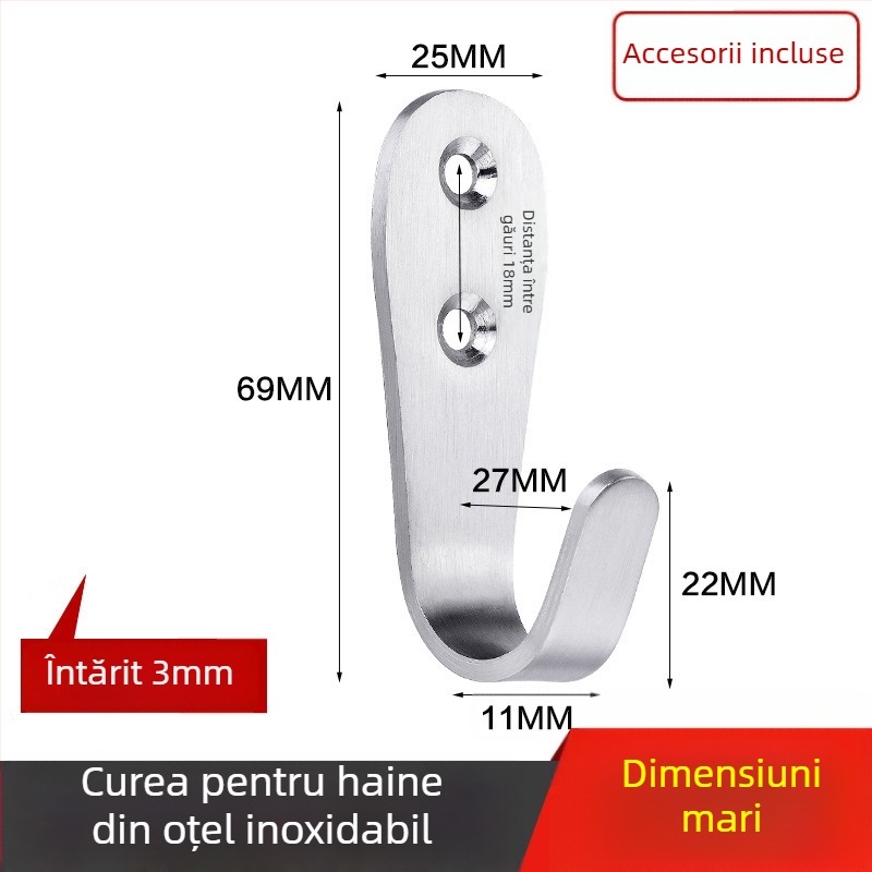 Cuier pentru haine, oțel inoxidabil întărit, cârlig simplu, model 1179, finisaj tras prin fir, pentru baie