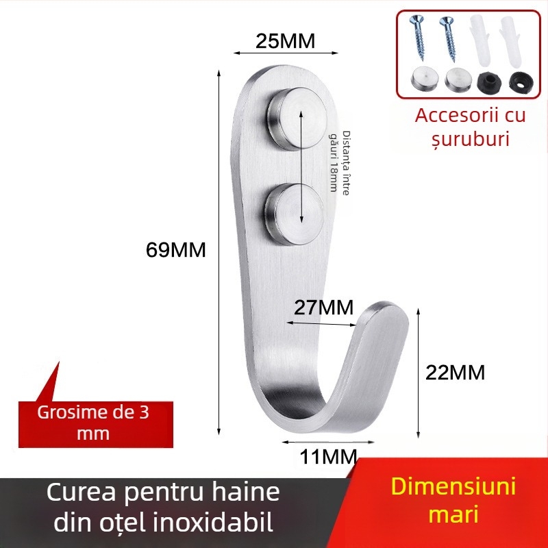 Cuier pentru haine, oțel inoxidabil întărit, cârlig simplu, model 1179, finisaj tras prin fir, pentru baie