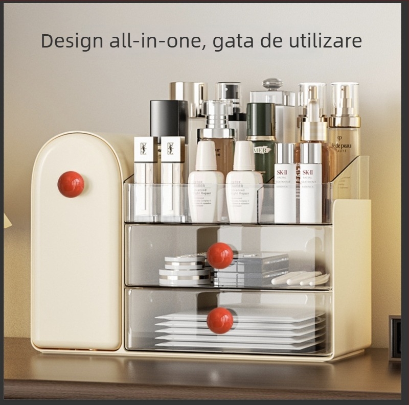 Beichuan Organizator de cosmetice pentru birou — tip sertar, stivabil, protecție împotriva prafului, corp din plastic, capac rabatabil