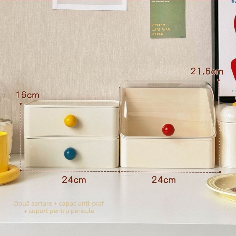 Beichuan Organizator de cosmetice pentru birou — tip sertar, stivabil, protecție împotriva prafului, corp din plastic, capac rabatabil