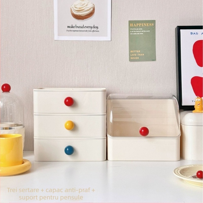 Beichuan Organizator de cosmetice pentru birou — tip sertar, stivabil, protecție împotriva prafului, corp din plastic, capac rabatabil