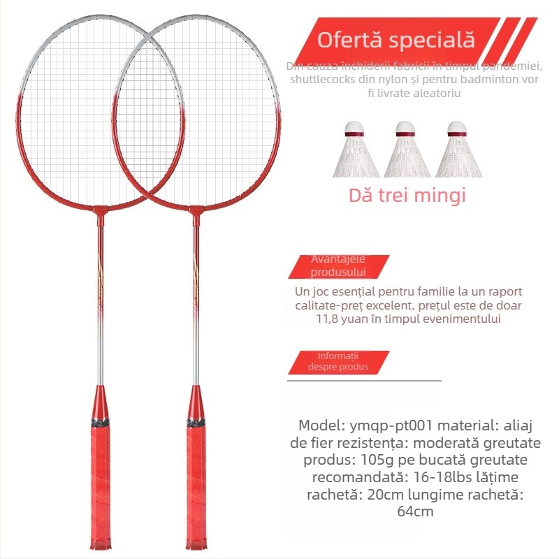 Rachetă de badminton With Zhen — ramă din aliaj de fier, 95–100 g, cap drept, coarde din fibre de mătase, potrivită pentru începători tineri
