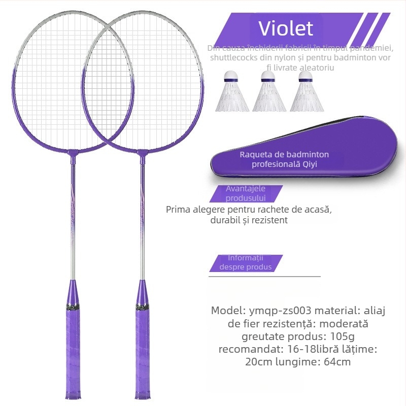 Rachetă de badminton With Zhen — ramă din aliaj de fier, 95–100 g, cap drept, coarde din fibre de mătase, potrivită pentru începători tineri