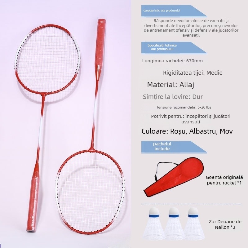 Rachetă de badminton With Zhen — ramă din aliaj de fier, 95–100 g, cap drept, coarde din fibre de mătase, potrivită pentru începători tineri