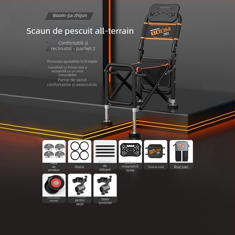 Scaun de pescuit pliabil, cu spătar reglabil, din aliaj de aluminiu, portabil pentru terenuri variate