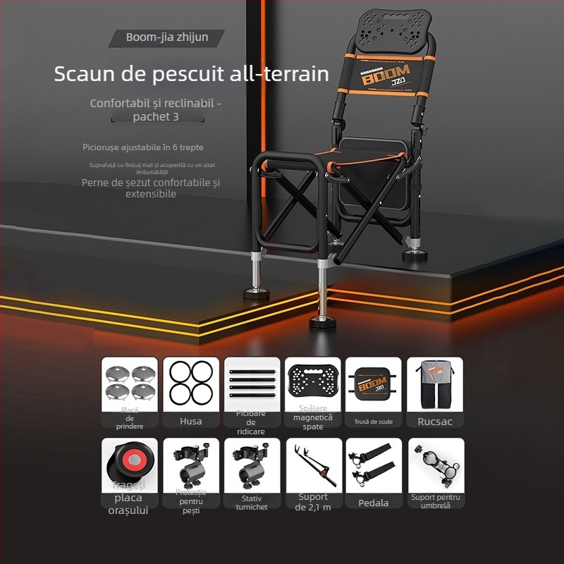 Scaun de pescuit pliabil, cu spătar reglabil, din aliaj de aluminiu, portabil pentru terenuri variate