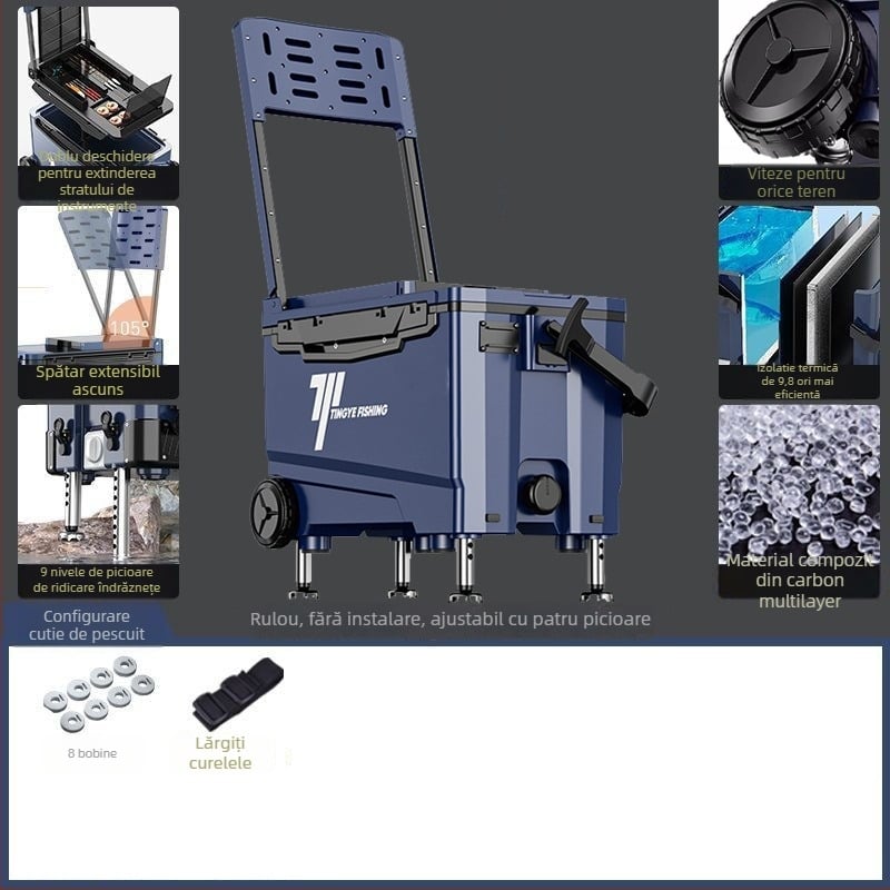 Cutie de pescuit cu roți, ultra-ușoară, cutie multifuncțională pentru echipament de pescuit, ABS, capacitate 25–32 L