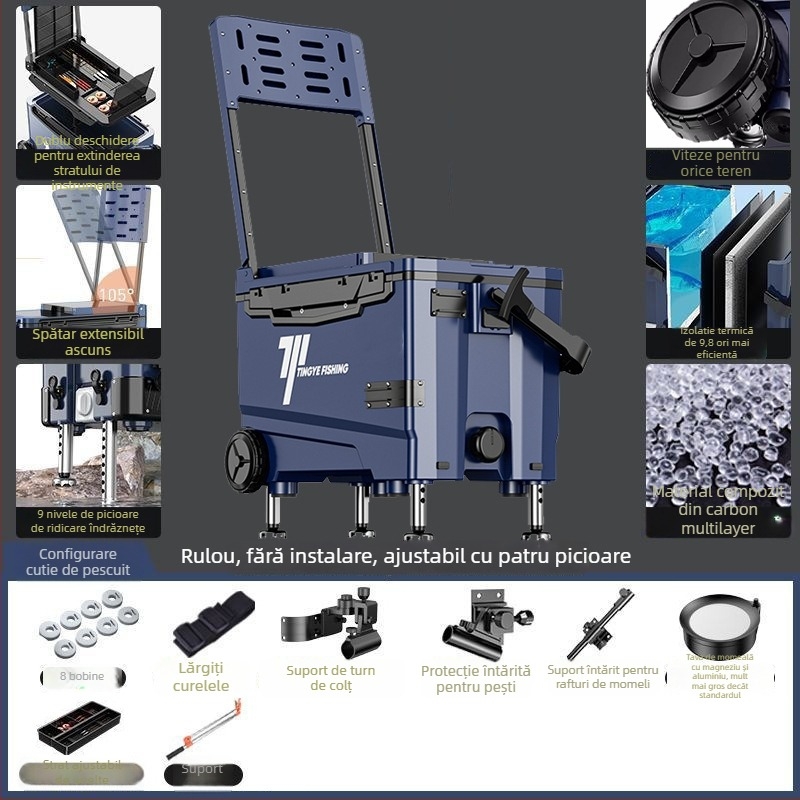 Cutie de pescuit cu roți, ultra-ușoară, cutie multifuncțională pentru echipament de pescuit, ABS, capacitate 25–32 L