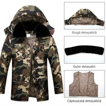 Jachetă de exterior din bumbac cu imprimeu camuflaj, glugă, căptușită cu fleece, umplutură poliester-bumbac, impermeabilă.