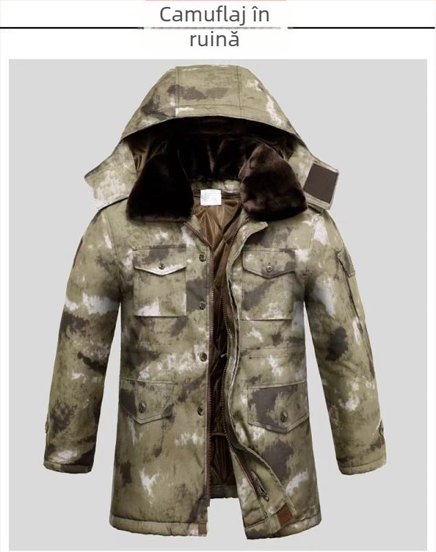 Jachetă de exterior din bumbac cu imprimeu camuflaj, glugă, căptușită cu fleece, umplutură poliester-bumbac, impermeabilă.