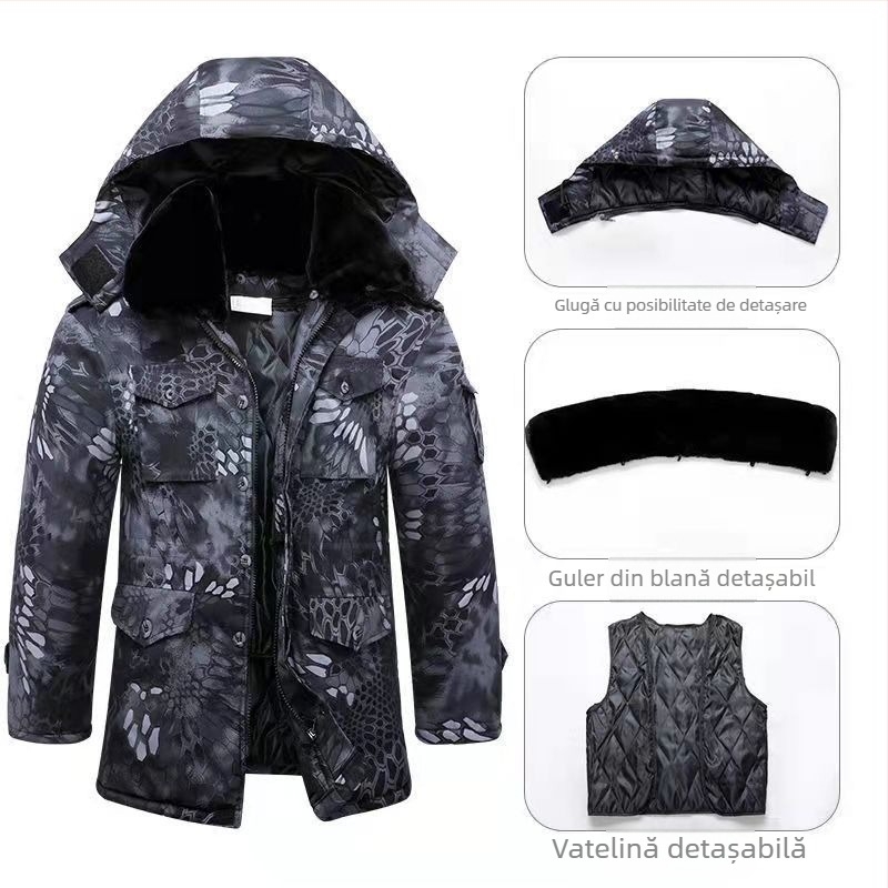 Jachetă de exterior din bumbac cu imprimeu camuflaj, glugă, căptușită cu fleece, umplutură poliester-bumbac, impermeabilă.