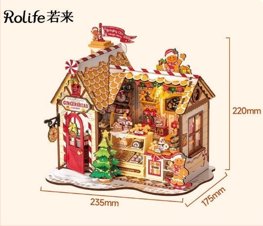 Casă din lemn DIY Gingerbread cu scenă miniaturală din blocuri de construcție — pentru vârsta 15–35, marcă Robotime