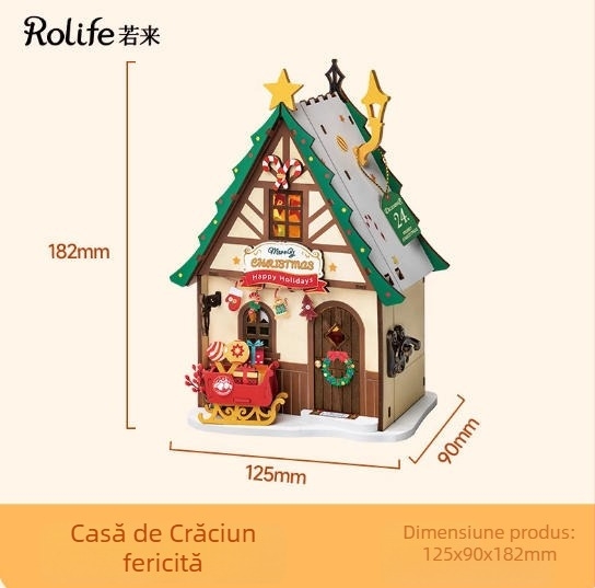Casă din lemn DIY Gingerbread cu scenă miniaturală din blocuri de construcție — pentru vârsta 15–35, marcă Robotime