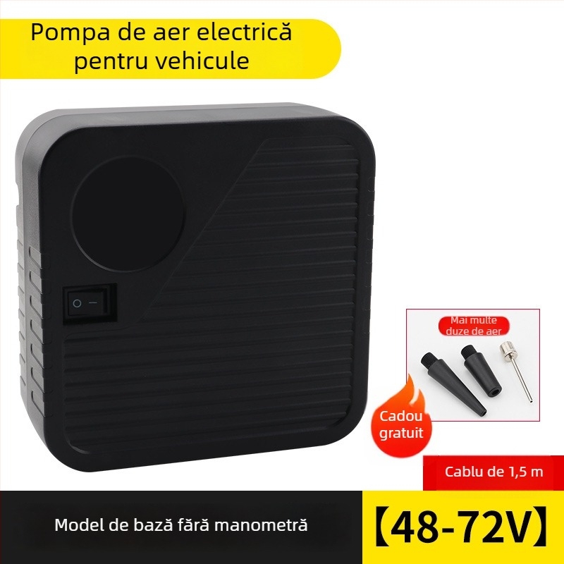 Pompa de aer electrică alimentată cu baterie pentru autovehicule, motociclete și tricicluri, 48–72V, 120W, debit aer 35 L/min, cablu 3 m, greutate 1 kg