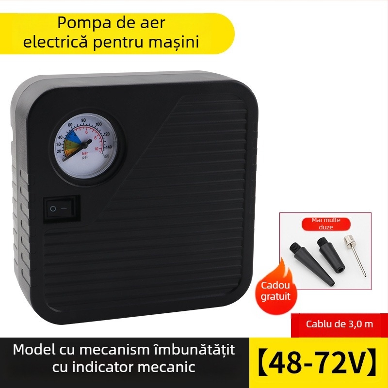 Pompa de aer electrică alimentată cu baterie pentru autovehicule, motociclete și tricicluri, 48–72V, 120W, debit aer 35 L/min, cablu 3 m, greutate 1 kg