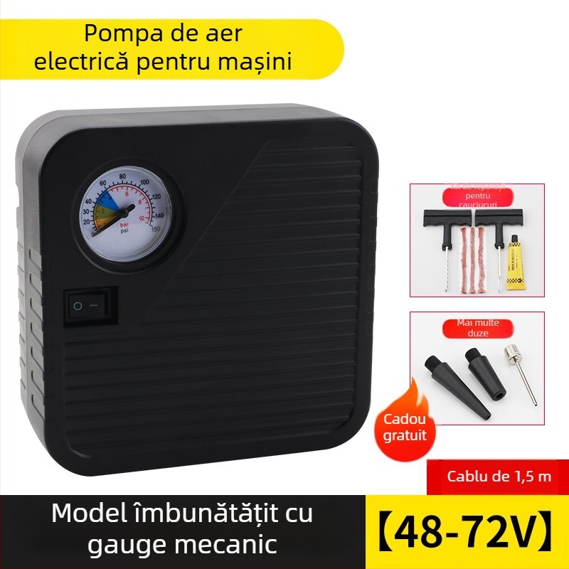 Pompa de aer electrică alimentată cu baterie pentru autovehicule, motociclete și tricicluri, 48–72V, 120W, debit aer 35 L/min, cablu 3 m, greutate 1 kg