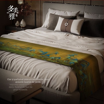 Prosop pentru marginea patului în stil Nou Chinezesc, poliester, impermeabil, model peisaj, stil hotelier, Domeya