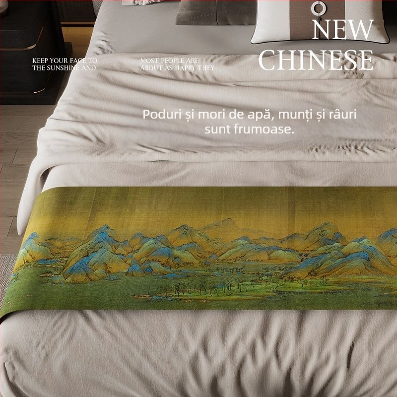 Prosop pentru marginea patului în stil Nou Chinezesc, poliester, impermeabil, model peisaj, stil hotelier, Domeya