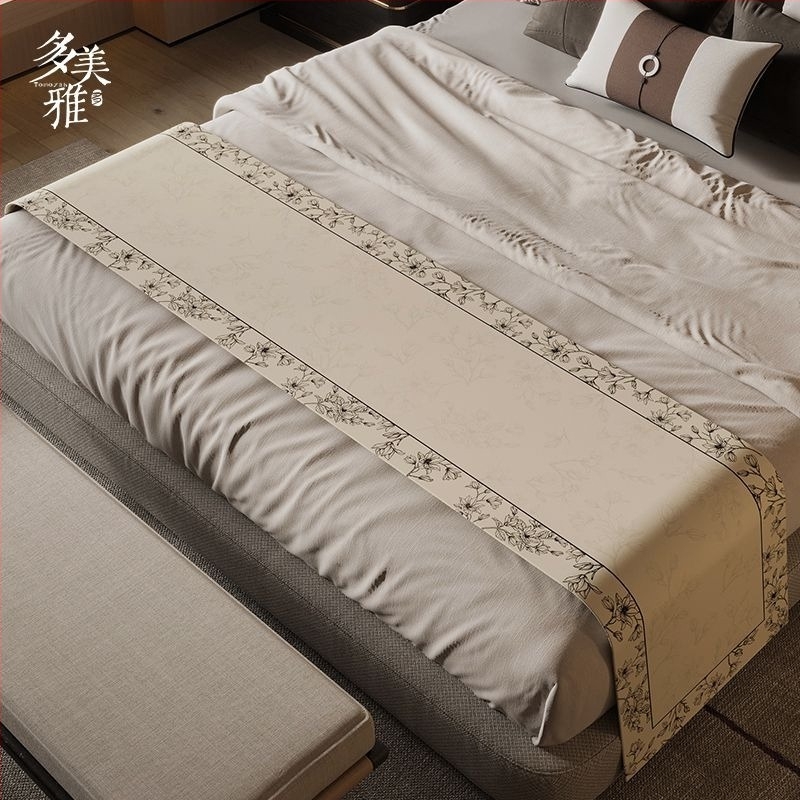 Prosop pentru marginea patului în stil Nou Chinezesc, poliester, impermeabil, model peisaj, stil hotelier, Domeya