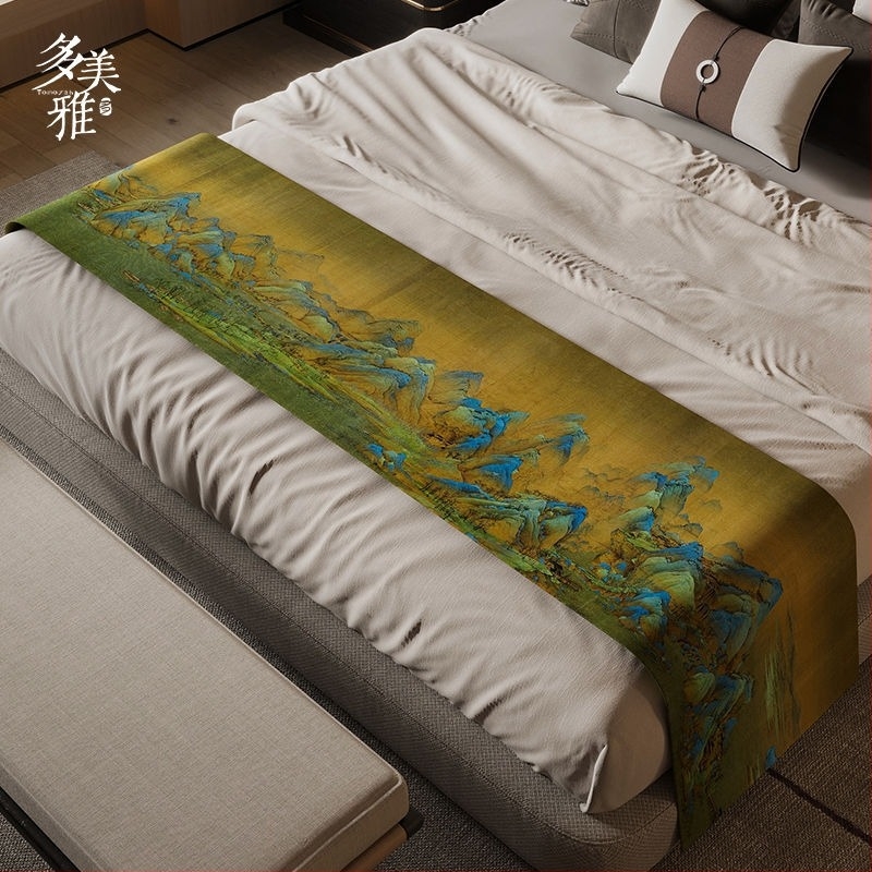 Prosop pentru marginea patului în stil Nou Chinezesc, poliester, impermeabil, model peisaj, stil hotelier, Domeya