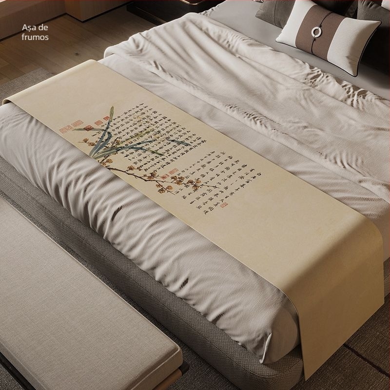 Prosop pentru marginea patului în stil Nou Chinezesc, poliester, impermeabil, model peisaj, stil hotelier, Domeya