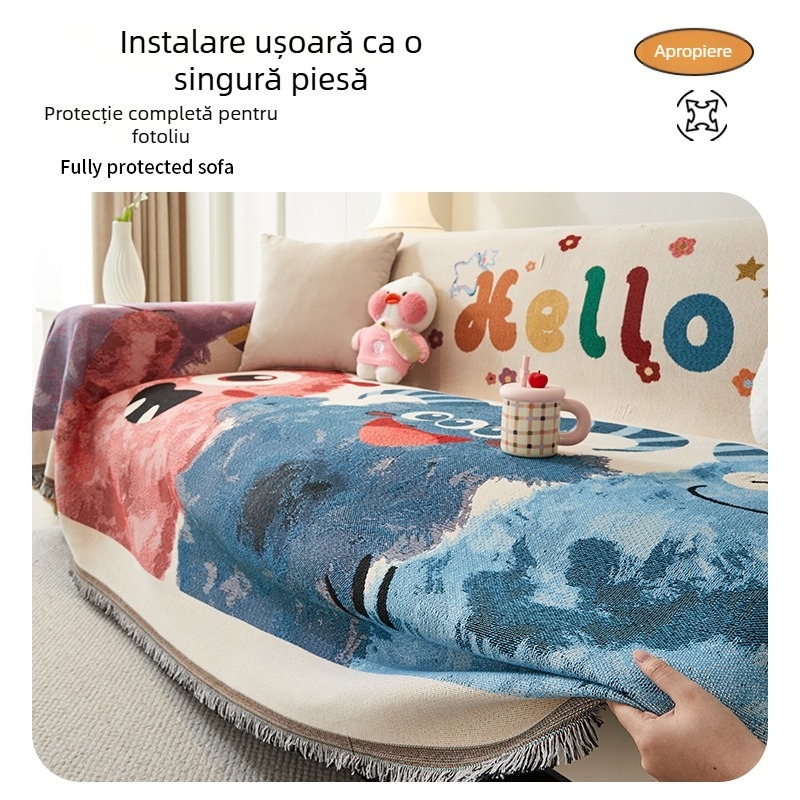 Husă de canapea pentru trei locuri, cu model desen animat geometric, acoperire completă, husă antiderapantă pentru perne