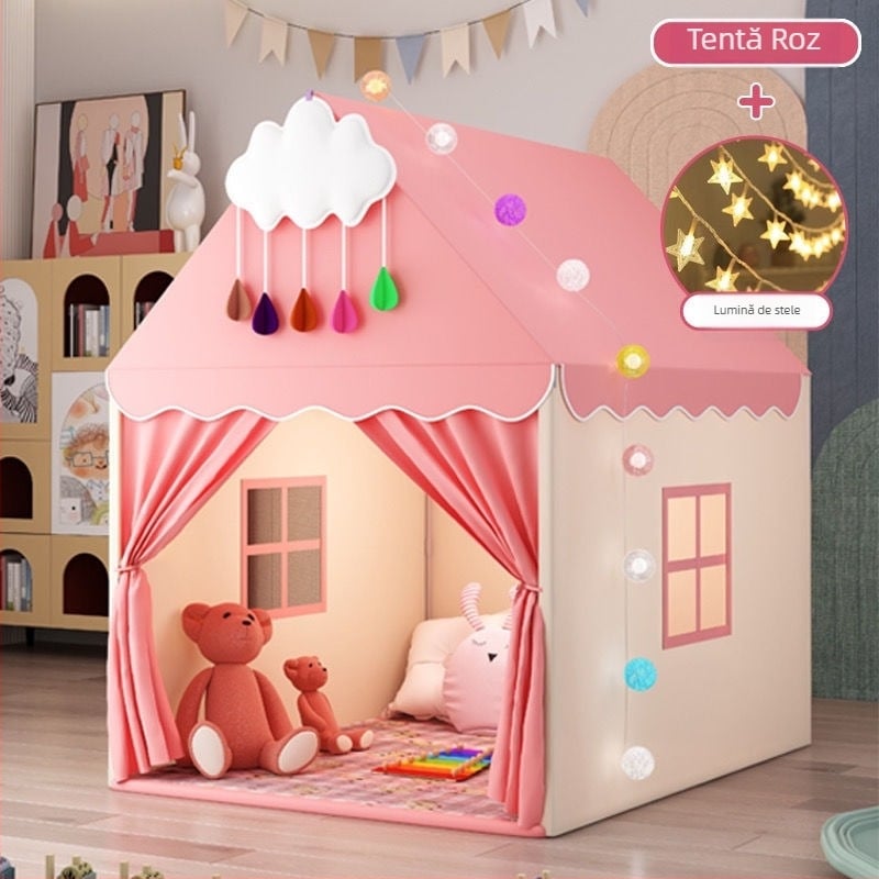 Casă de joacă pentru copii, interior, design castel-principesă, structură cu trei straturi, materiale din bumbac, indice de impermeabilitate sub 1000 mm