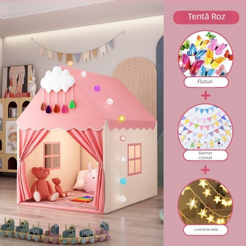 Casă de joacă pentru copii, interior, design castel-principesă, structură cu trei straturi, materiale din bumbac, indice de impermeabilitate sub 1000 mm